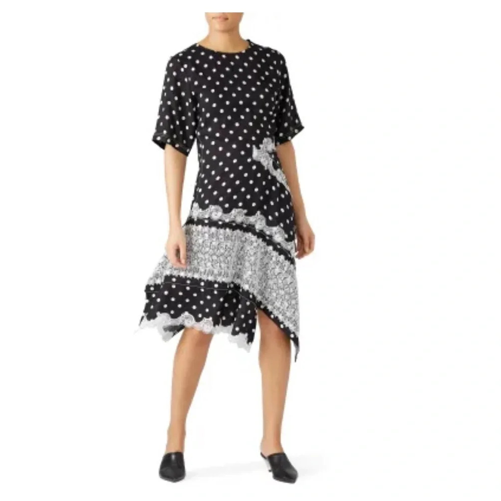 Koche Shift‎ Dress Womens Size 40 XS Black White Polka Dot Lace Asymmetric Hem